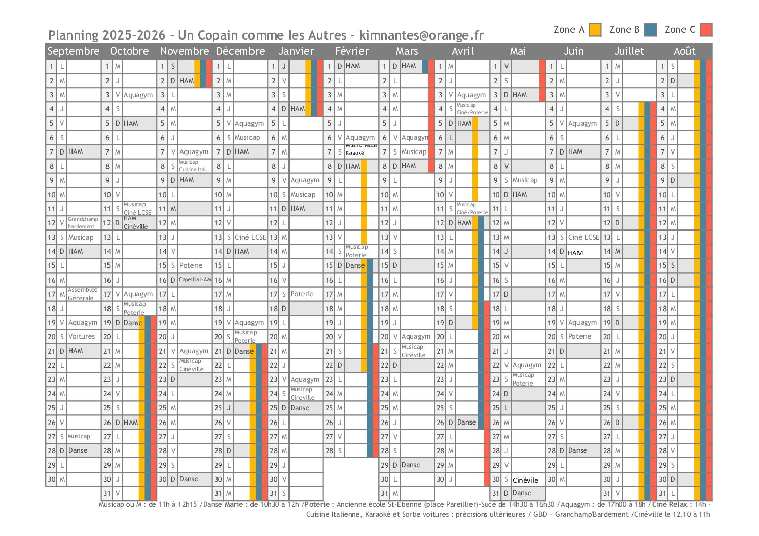 Voici le planning 2022-2023 des activités organisées par l'association